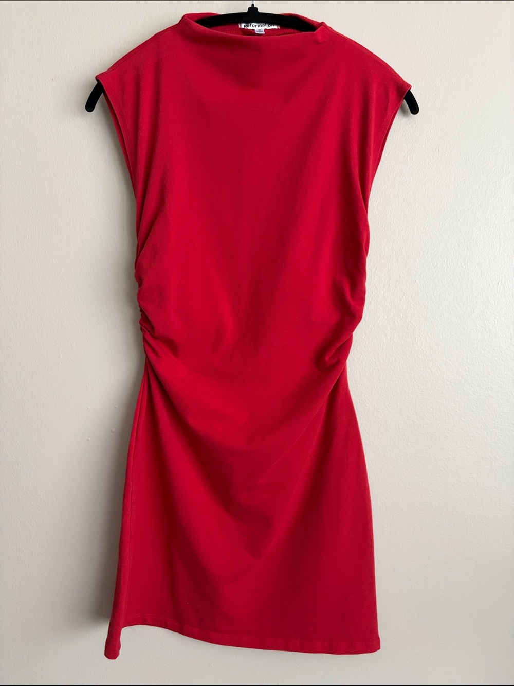 Reformation Kaila Ruched Mock Neck Organic Cotton Mini Dress Red M